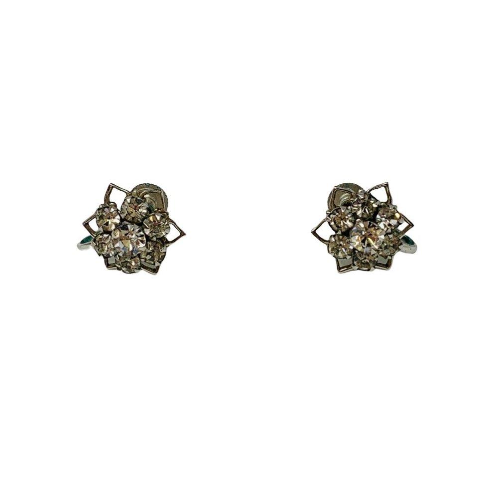 Vintage 1950s Tiny Floral Silver Rhinestone Screw Back Earrings
